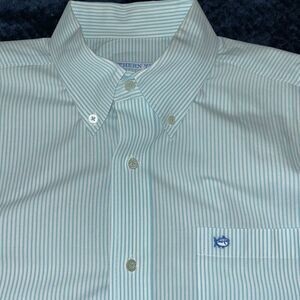 Sea foam Green white stripe preppy cotton spandex Southern Tide Skipjack Shirt M